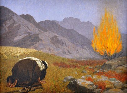 Moses bows
                                before the burning bush, painting by
                                Gebhard Fugel