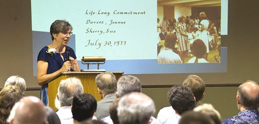 Sherry Snyder speaks at
                                        40th anniversary