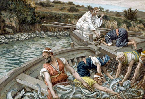 Peter kneels before
                          Jesus after the miraculous catch of fish, by
                          James Tissot